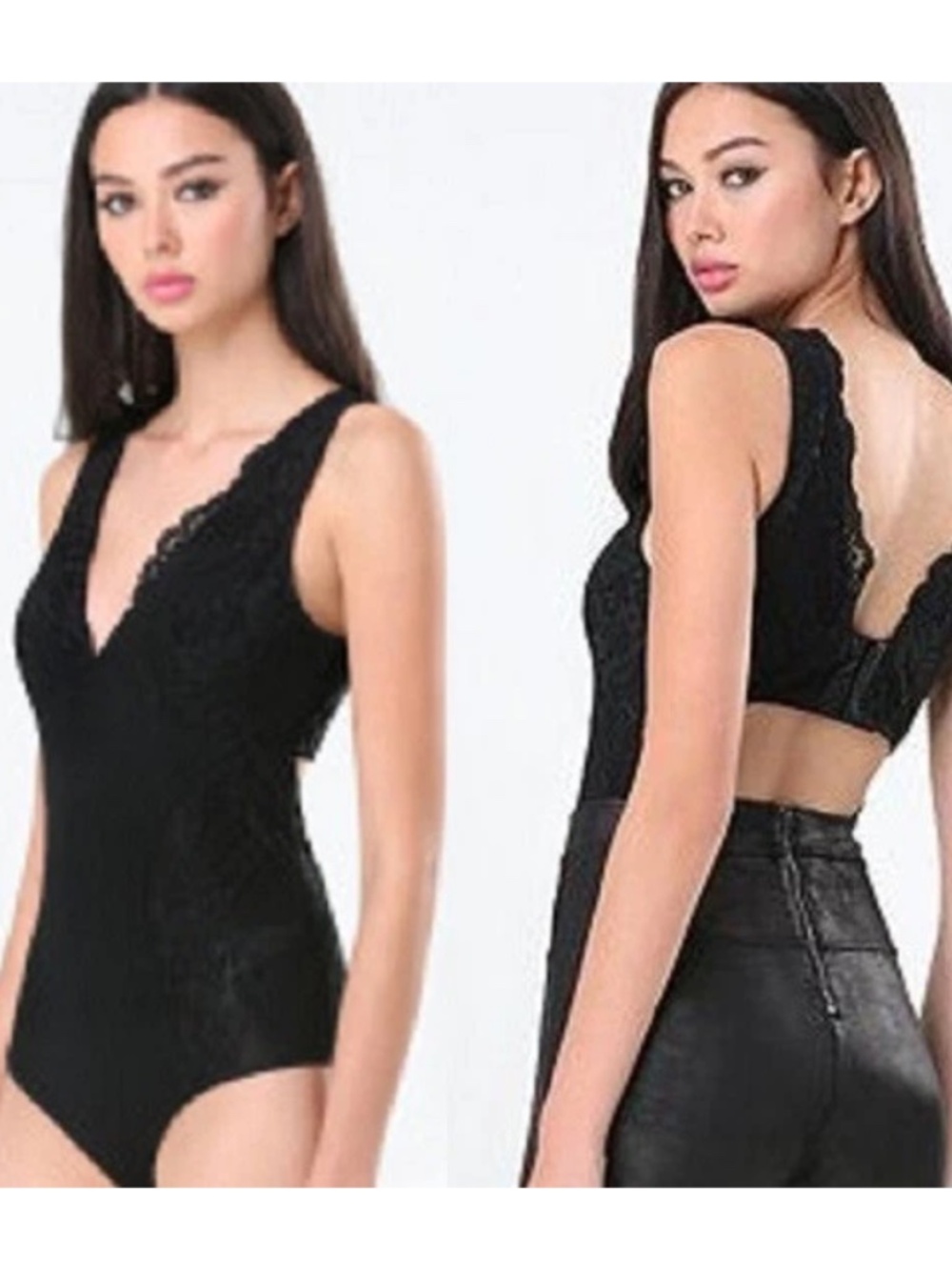 NEW Bebe Black Open Back Deep V Neck Lace Bodysuit Top